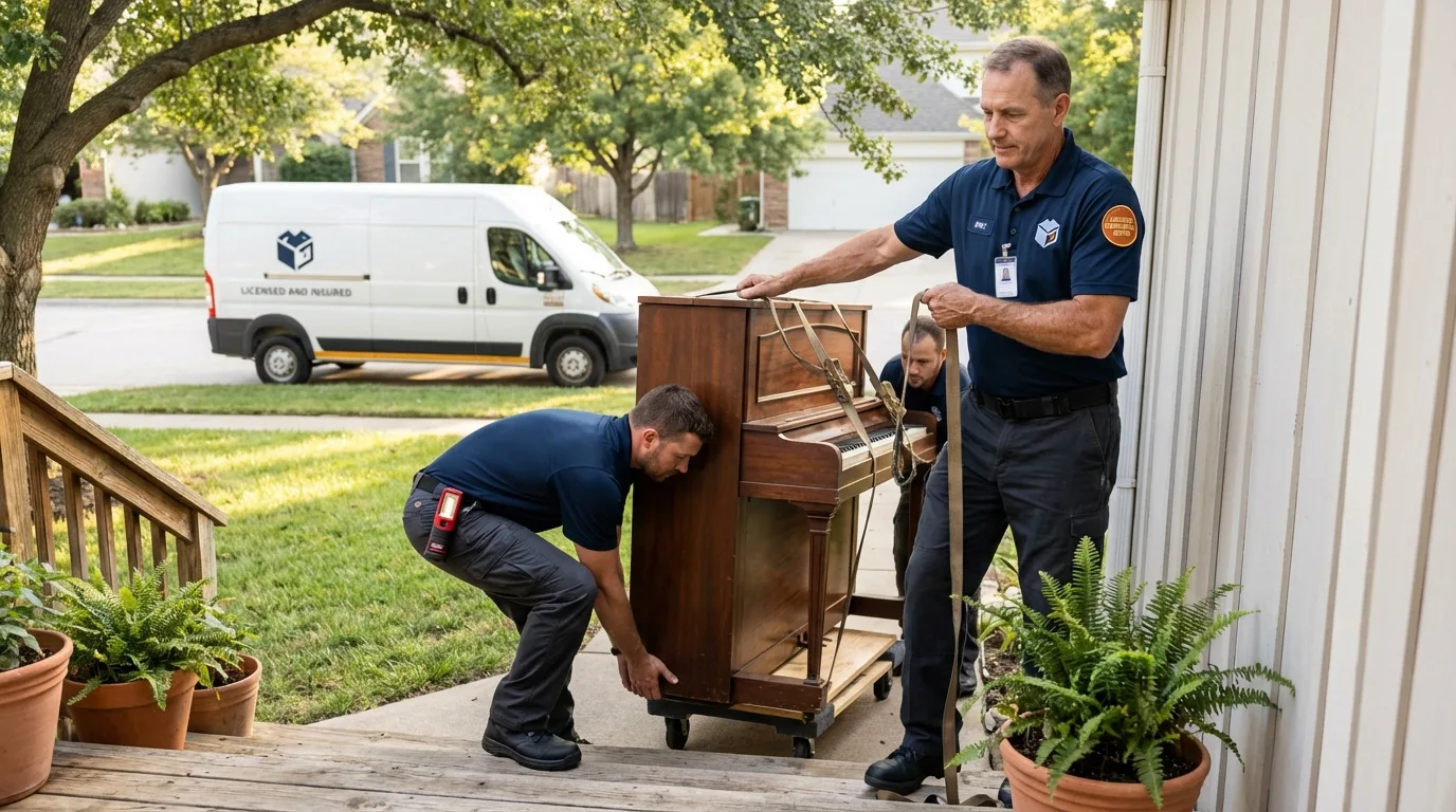 Licensed piano movers securing grand piano in Marienville, PA