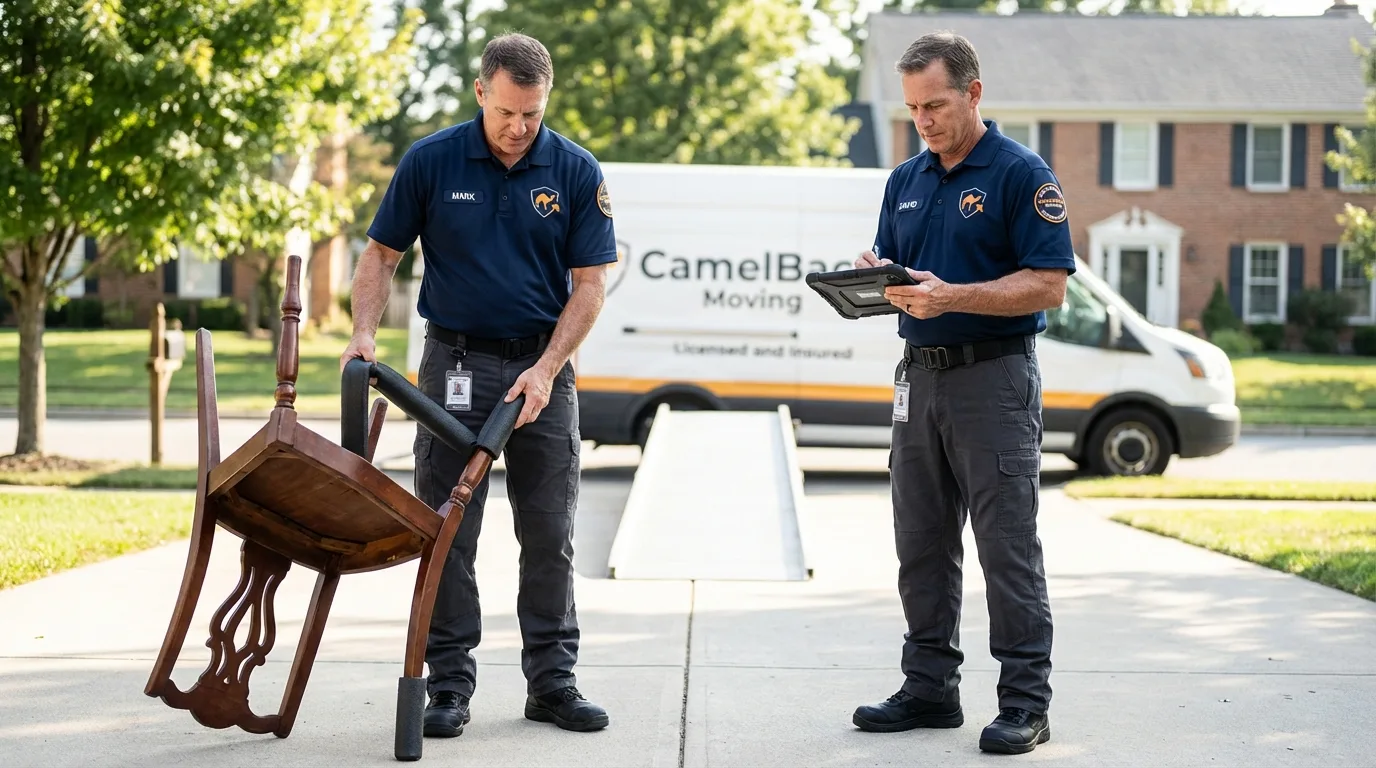 Movers inspecting furniture for damage prevention before loading in Marienville, PA