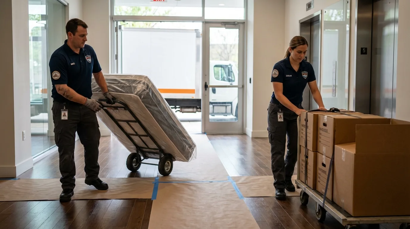 Professional apartment movers loading elevator in Marienville, PA