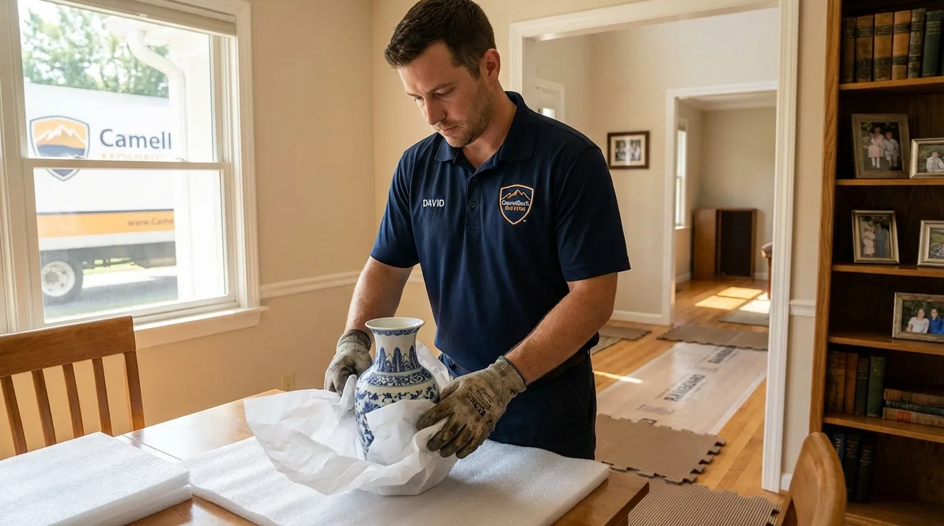 Professional crew carefully wrapping antique vase for senior downsizing move in Marienville, PA